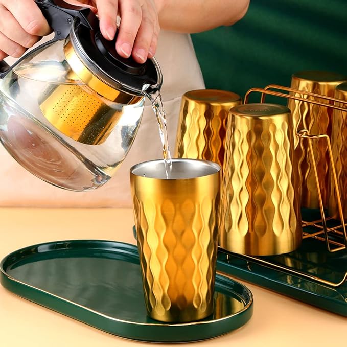 10oz Stainless Steel Cup Set, 6Pcs Double Wall Metal Cup,Vacuum Stackable Insulated Portable Drinking Tumblers Unbreakable Glasses,for Home Outdoor Restaurant (Rose Gold)
