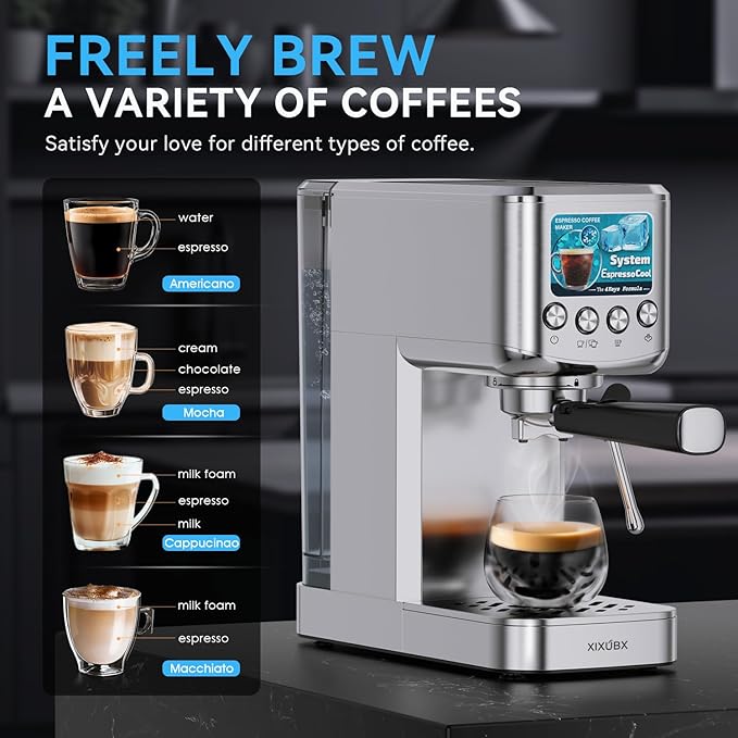 Espresso Machine 20 Bar with Milk Frother, Stainless Steel Coffee Maker with 42 oz Removable Water Tank for Cappuccino, Latte&Cold Brew, Home&Office, Silver
