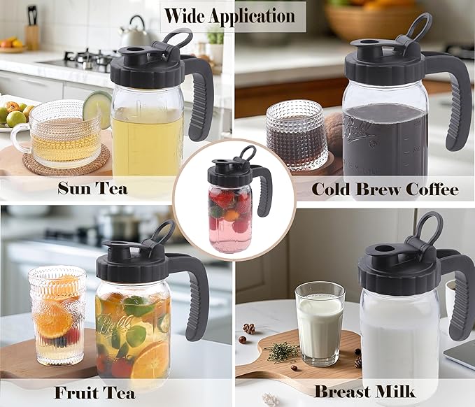 Mason Jar Pitcher With Pour Spout Lids 32 Oz Breast Milk Pitcher Wide Mouth 1 Quart Airtight & Leakproof Glass Jug With Handle And Flip Cap Lid For Fridge, Iced Tea, Coffee, Lemonade, Juice, 2 Set