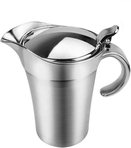 ShineMe Stainless Steel Gravy Boat Sauce Jug with Lid, 16oz Double Wall Insulated for Keeping Sauce Hot, Storage for Gravy or Cream, Apply for Home & Kitchen