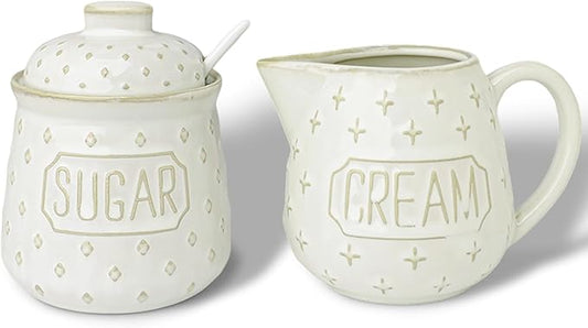 GDCZ Ceramic Sugar and Creamer Set, Coffee Serving Set, Sugar Bowl with Spoon and Cream Pitcher, Milk Creamer and Sugar Container (White)