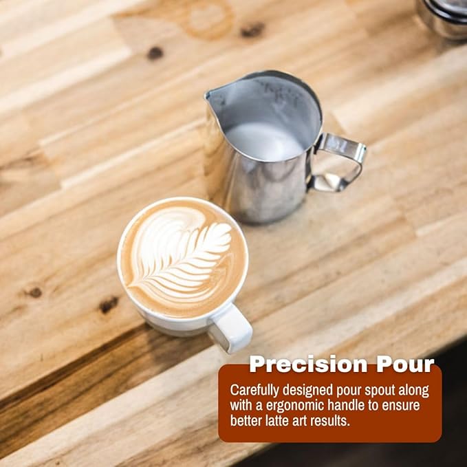 Barista Basics 20 Oz Silver Stainless Steel Milk Frother Pitcher, Steaming Pitcher for Latte Art, Food-Grade/w Measurements