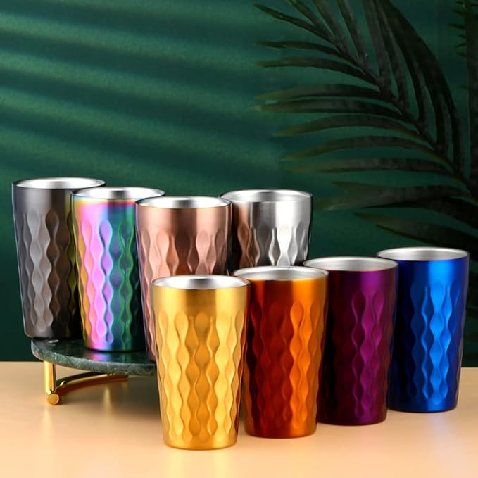 10oz Stainless Steel Cup Set, 6Pcs Double Wall Metal Cup，Vacuum Stackable Insulated Portable Drinking Tumblers Unbreakable Glasses，for Home Outdoor Restaurant (Purple)