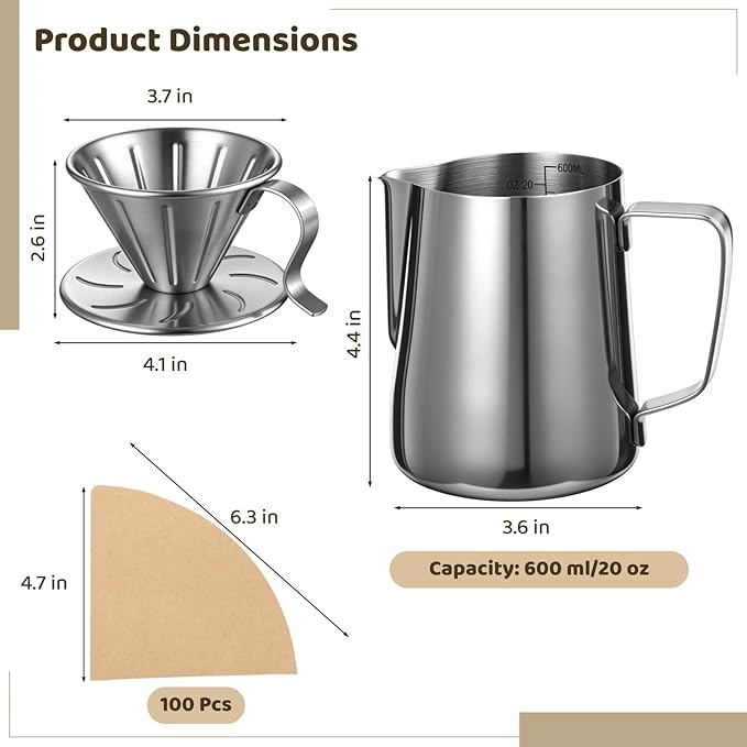 ZALIR Pour Over Coffee Maker, 304 Stainless Steel Dripper with 20 oz Frothing Pitcher & 100 Paper Filters for Rich Flavor, Portable Manual Coffee Brewer Set for Kitchen, Camping