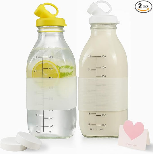32 oz Reusable Glass Milk Bottles with Leak Proof Lid and Pour Dispenser, 1 Liter Juice Bottles with Scale, Glass Pitchers with Sleeve, Milk Storage Containers for Fridge [2 Pack]