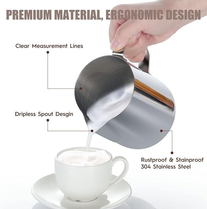 Milk Frothing Pitcher, Thicker Version 12oz Espresso Steaming Pitchers Stainless Steel Cappuccino Coffee Machine Accessories Barista Tools Steamer Pitchers Milk Jug Cup with Decorating Pen Latte Art