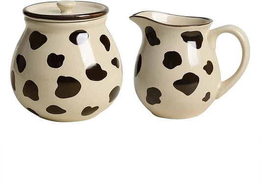 CHOOLD Retro Cow Pattern Creamer and Sugar Bowl Set, Cream Pitcher, Sugar Bowl with Lid, Coffee Serving Set