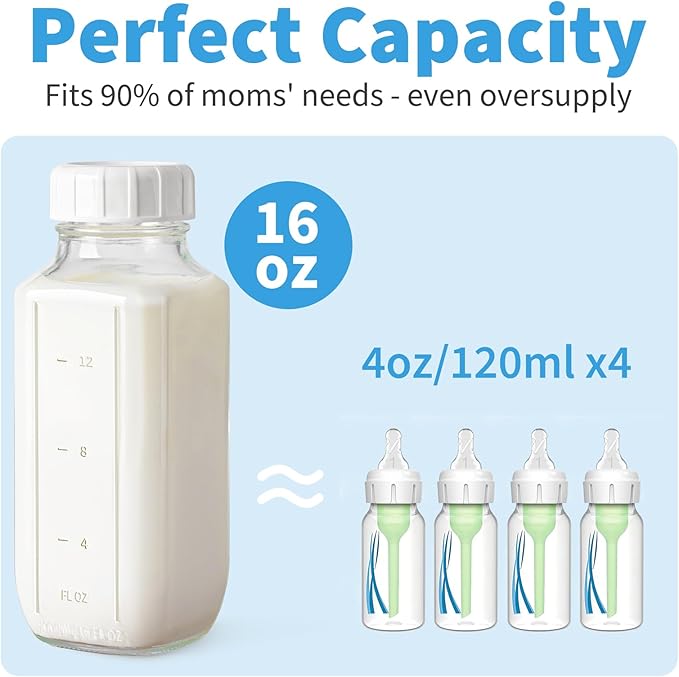 Syntic 2 Pack 16 Oz Glass Breastmilk Storage Bottle with Airtight Lids & 2 Pour Spouts, Milk Storage Containers for Fridge with Clear Scales - Day/Night Milk Collection Bottles with Protective Case