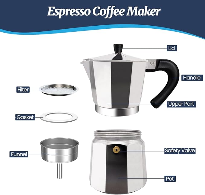 6 Cup Moka Pot Aluminum 300ml Italian Coffee Maker Stovetop Espresso CoffeeMakers Mocha Pot Percolator for Electric Ceramic Stove Classic Greca Cafe Makers Portable for Easy Brewing