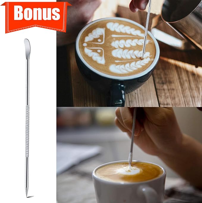 Milk Frothing Pitcher, 32oz Espresso Steaming Pitchers Stainless Steel Cappuccino Coffee Machine Accessories Barista Tools Steam Froth Pitchers Milk Jug Cup with Decorating Pen Latte Art, Blue