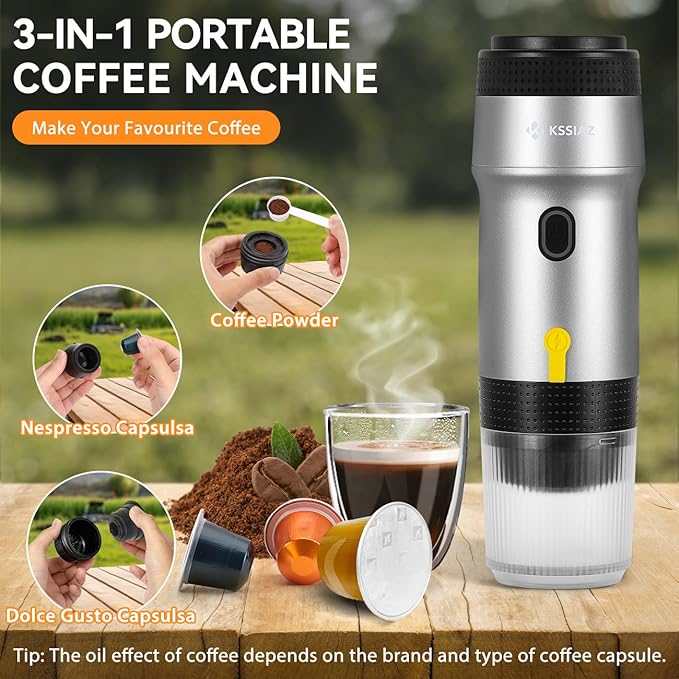Portable Espresso Machines, Electric Espresso Maker with Self-Heating, USB-C & Car Charger, 20 Bar Mini Coffee Maker With NS Capsule & Ground Coffee for Camping, Hiking, Travel, Office, Silver