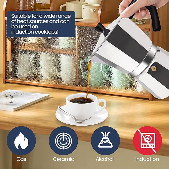 2 Cup Moka Pot Aluminum 100ml Italian Coffee Maker Stovetop Espresso CoffeeMakers Mocha Pot Percolator Greca Coffee Maker for Electric Ceramic Stove Portable for Easy Brewing