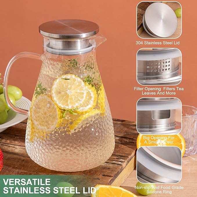 2.0 Liter 68 oz Glass Pitcher with Lid and Spout,2pcs set,Glass Carafe for Hot/Cold Water, Large Iced Tea Pitcher for Iced Coffee, Milk,Juice,Homemade Beverage,and Drinks