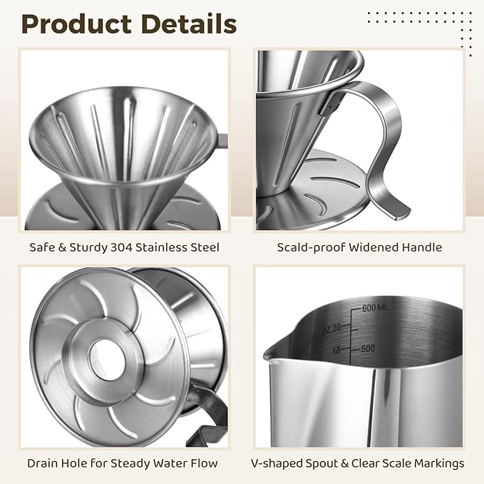 ZALIR Pour Over Coffee Maker, 304 Stainless Steel Dripper with 20 oz Frothing Pitcher & 100 Paper Filters for Rich Flavor, Portable Manual Coffee Brewer Set for Kitchen, Camping