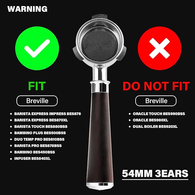 54mm Espresso Bottomless Portafilter with 3 Ear | Fits 54mm Breville/Sage Barista Espresso Machine | Stainless Steel Basket and Solid Wood Handle | Espresso Accessories