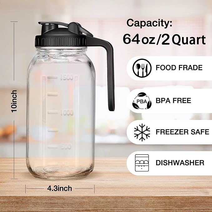 2Pack Glass Pitcher - 64 OZ Mason Jar Glass Jug Breast milk Containers, Wide Mouth，Airtight & Leakproof Pitcher with Pour Spout Lids for Water, Juice, Milk, Tea, Iced Coffee