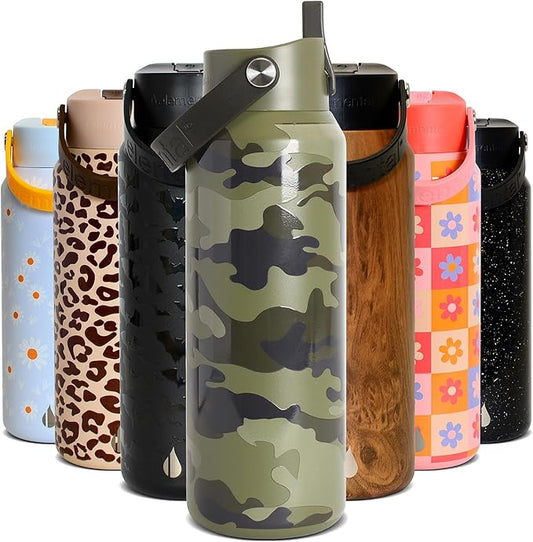 Elemental 40oz Insulated Water Bottle with Straw - 100% Leak-Proof Stainless Steel Core Water Bottles for Travel, Sports and Gym - Double Wall Insulation & BPA Free - Dark Green Camo