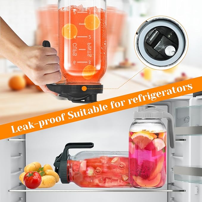 2 Pack Glass Pitchers with Lid, 64 oz Sun Tea Pitcher, Half Gallon Mason Jar Pitcher with Wide Mouth Airtight Lid for Ice Tea, Cold Brew Coffee, Fridge Water, Milk, Juices, Leak Proof Water Jug