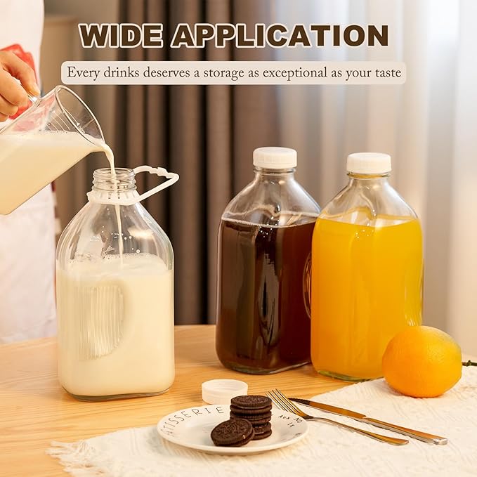 Glass Milk Jugs Bottles - Half Gallon / 2Qt Container Pitcher with Airtight Screw Lids and Handle for Milk, Breastmilk, Juice, Iced Tea, Cold Water, 64 OZ Set of 2