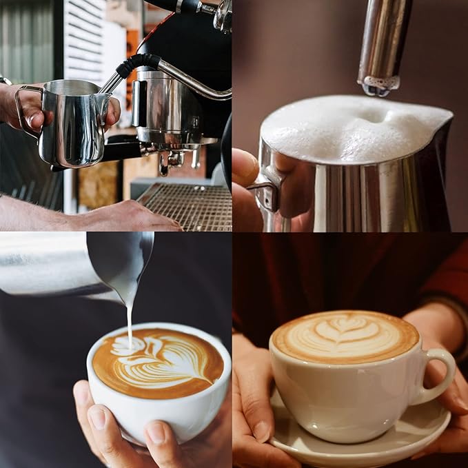Milk Frothing Pitcher, Thicker Version 12oz Espresso Steaming Pitchers Stainless Steel Cappuccino Coffee Machine Accessories Barista Tools Steamer Pitchers Milk Jug Cup with Decorating Pen Latte Art