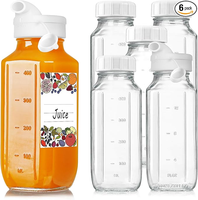 6 Pack 16 Oz Glass Juice Bottles with 2 Pour Spouts, 100% Airtight Heavy Duty SCREW Lid- Reusable Glass Milk Bottles w Scale Mark, Square Drinking Jar Juice Container Breast Milk Pitcher(Extra 2 Lid)