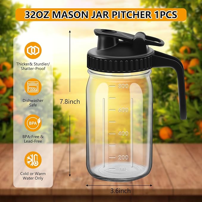 1Pc Wide Mason Jar Pitcher,32oz Glass Pitcher with Lid Double Leak-proof with Handle Water Jug Wide Mouth Breast Milk Fridge Container for Water, Juice (32oz Black)