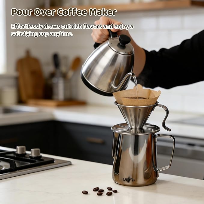 ZALIR Pour Over Coffee Maker, 304 Stainless Steel Dripper with 20 oz Frothing Pitcher & 100 Paper Filters for Rich Flavor, Portable Manual Coffee Brewer Set for Kitchen, Camping