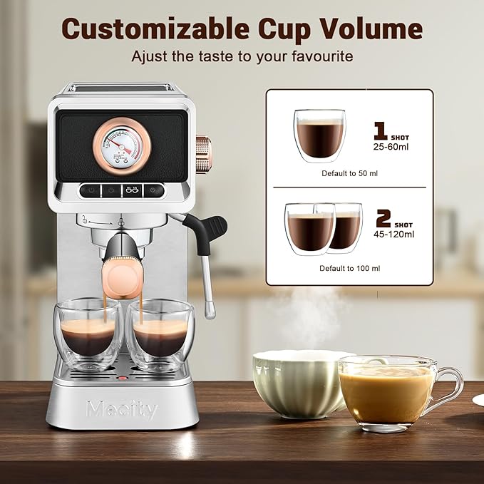 Mecity 20 Bar Espresso Machine with Milk Frother, Brushed Stainless Steel Shell, 37 fl.Oz Water Reservoir, Coffee Maker For Espresso, Latte, Mocha, Americano. 1400W
