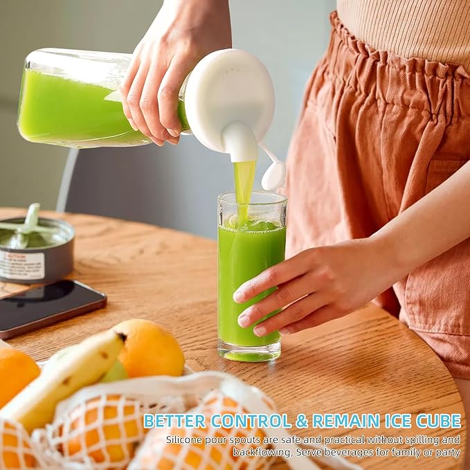 Glass Pitcher, 1 Liter Carafe for Mimosa Bar, 2 Pcs, Square Pitcher with Lid and Spout, Juice Container for Fridge, Cold Brew, Milk, Water Dispenser, Tea, Creamer, Sangria (3 Lids & 2 Spouts)