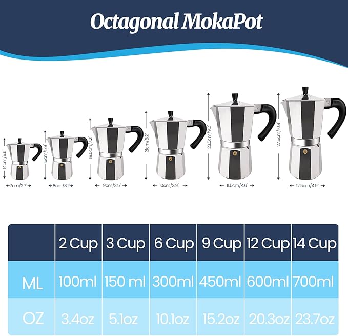 6 Cup Moka Pot Aluminum 300ml Italian Coffee Maker Stovetop Espresso CoffeeMakers Mocha Pot Percolator for Electric Ceramic Stove Classic Greca Cafe Makers Portable for Easy Brewing