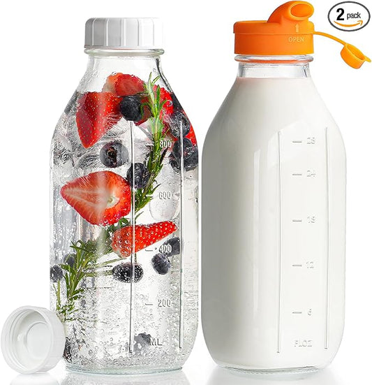32 oz Reusable Glass Milk Bottles with Silicone Dispenser Cap, 2 Pack Glass Jars with Airtight Screw Lid, Leak Proof Juice Bottles with Scale Mark Breastmilk Storage Container for Fridge