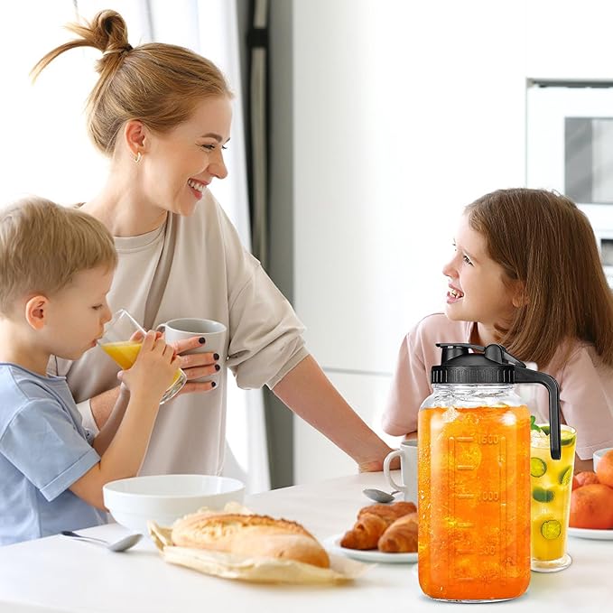 Glass Pitcher - 64 OZ Mason Jar Glass Jug Breast milk Containers, Wide Mouth，Airtight & Leakproof Pitcher with Pour Spout Lids for Water, Juice, Milk, Tea, Iced Coffee