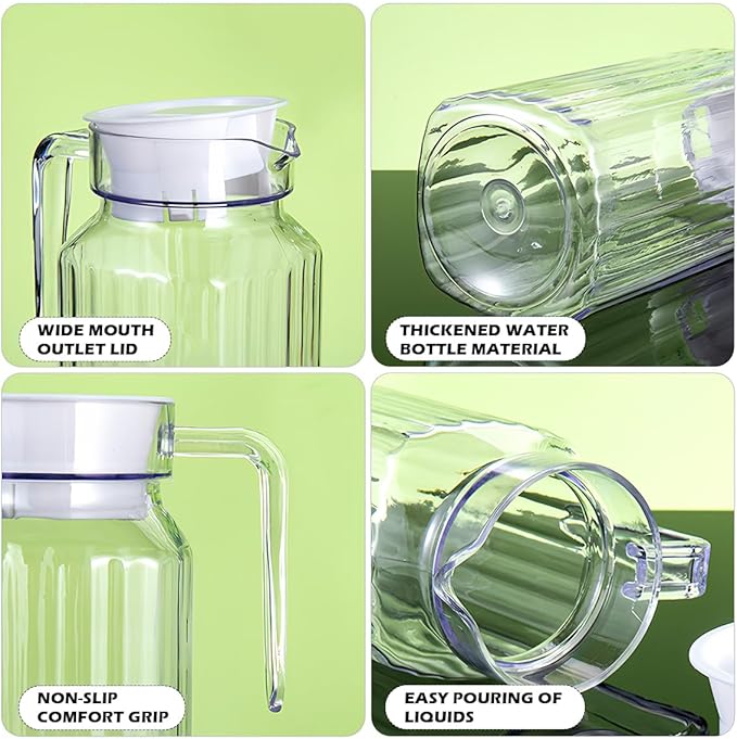 DOERDO Plastic Pitcher with Lid, Broken Resistant Beverage Jugs, Cold Hot Water Pitcher for Homemade Juice Iced Tea Milk Beverage, 3.3x9.3Inch, 1100ML