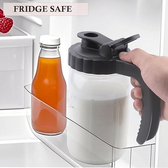 Mason Jar Pitcher With Pour Spout Lids 32 Oz Breast Milk Pitcher Wide Mouth 1 Quart Airtight & Leakproof Glass Jug With Handle And Flip Cap Lid For Fridge, Iced Tea, Coffee, Lemonade, Juice, 2 Set