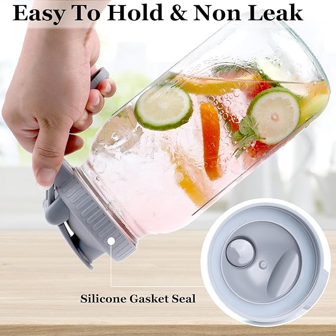 Mason Jar Pitcher Wide Mouth 32 OZ Glass Jars With Pour Spout Lids Airtight Leak-proof 1 Quart Water Pitcher With Handle For Iced Tea, Milk, Sun Tea, Lemonade, Iced Coffee