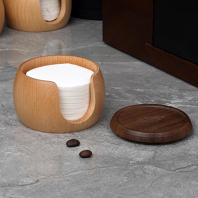 IKAPE Espresso Coffee Accessories, 200pcs 51MM Paper Filters, Replacement Espresso Puck Paper Filters with a Wooden Storage Holder, Compatible with 51mm Portafilter Basket