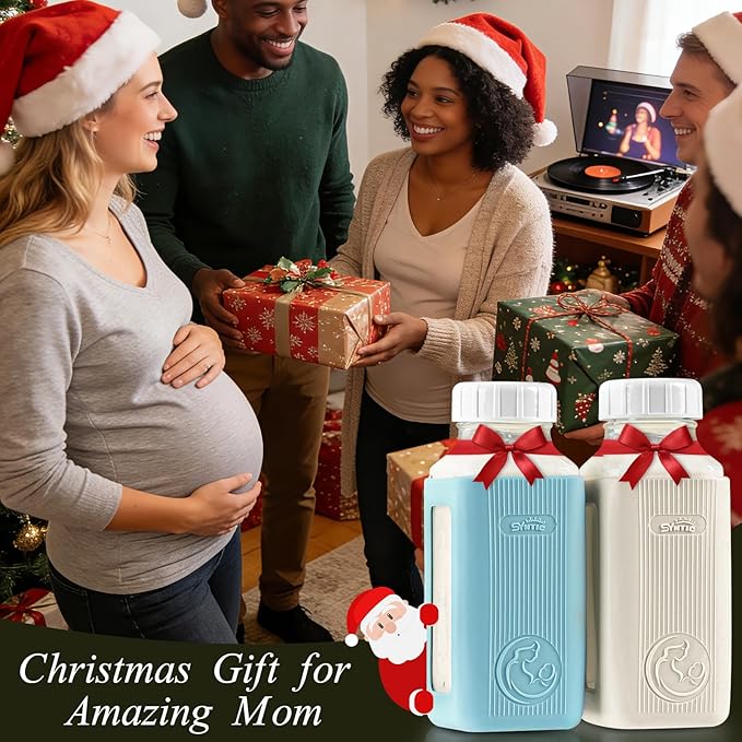 Syntic 2 Pack 16 Oz Glass Breastmilk Storage Bottle with Airtight Lids & 2 Pour Spouts, Milk Storage Containers for Fridge with Clear Scales - Day/Night Milk Collection Bottles with Protective Case