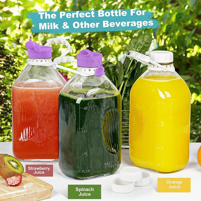 4 Pack 64 Oz Heavy Duty Glass Milk Bottle with 1 Silicone Spout and 5 Reusable Airtight SCREW LID, 2 Qt Glass Water Bottle with 2 Exact Scale Lines - Milk/Juice Jug Pitcher