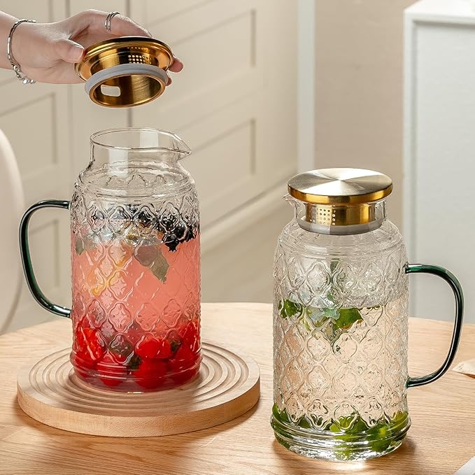 Glass Pitcher with Lid, 2 PACK 68 oz/2 Liter Vintage Water Pitcher, Clear Borosilicate Glass Water Carafe for Cold Brew, Coffee, Lemonade, Iced Sun Tea,Beverage, Milk, Heat Resistant