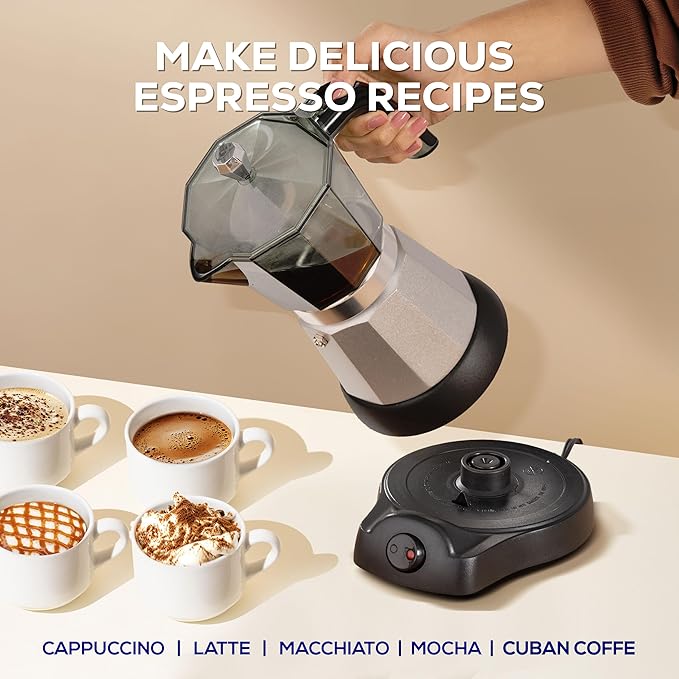universal Electric Coffee Maker (6 Cups), Cuban Moka Pot (480 Watts), Gift for Coffee Lovers, Easy Brewing, Prepare Espresso Recipes: Italian, Latte, Macchiato & Mocaccino